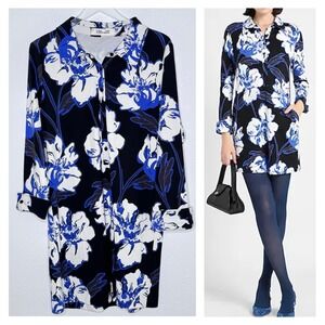 DIANE VON FURSTENBERG Womens Alarica Mini Shirt Dress Size XL Black Blue Floral